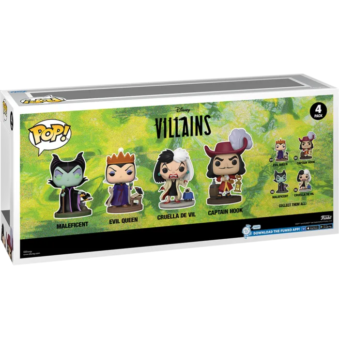 Funko Pop Disney Villains Maleficent, Evil Queen, Cruella De Vil, Captain Hook Glow-in-the-Dark 4-Pack LOW STOCK