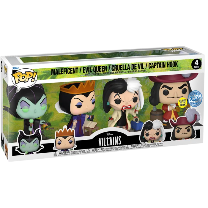 Funko Pop Disney Villains Maleficent, Evil Queen, Cruella De Vil, Captain Hook Glow-in-the-Dark 4-Pack LOW STOCK