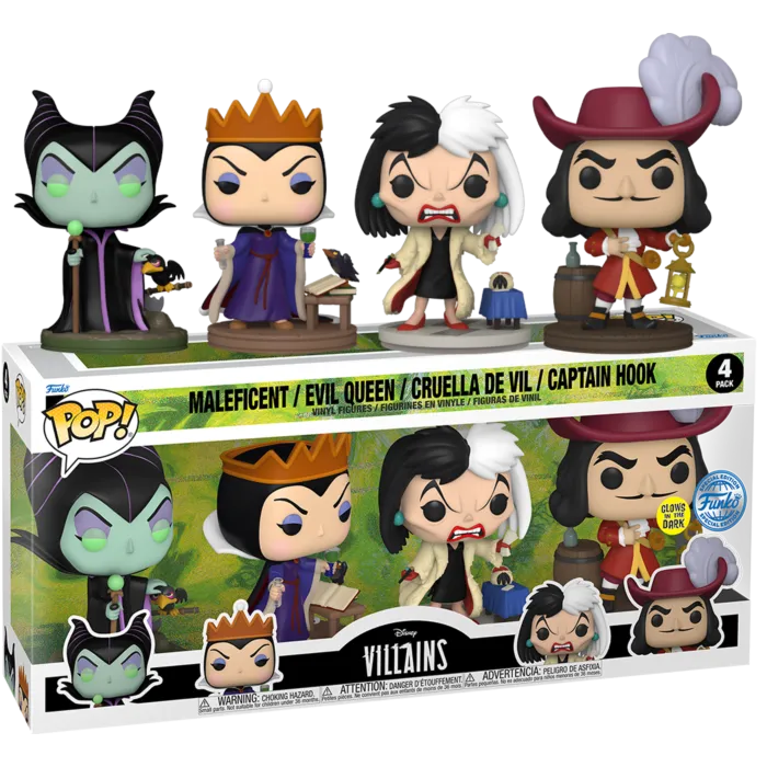 Funko Pop Disney Villains Maleficent, Evil Queen, Cruella De Vil, Captain Hook Glow-in-the-Dark 4-Pack LOW STOCK