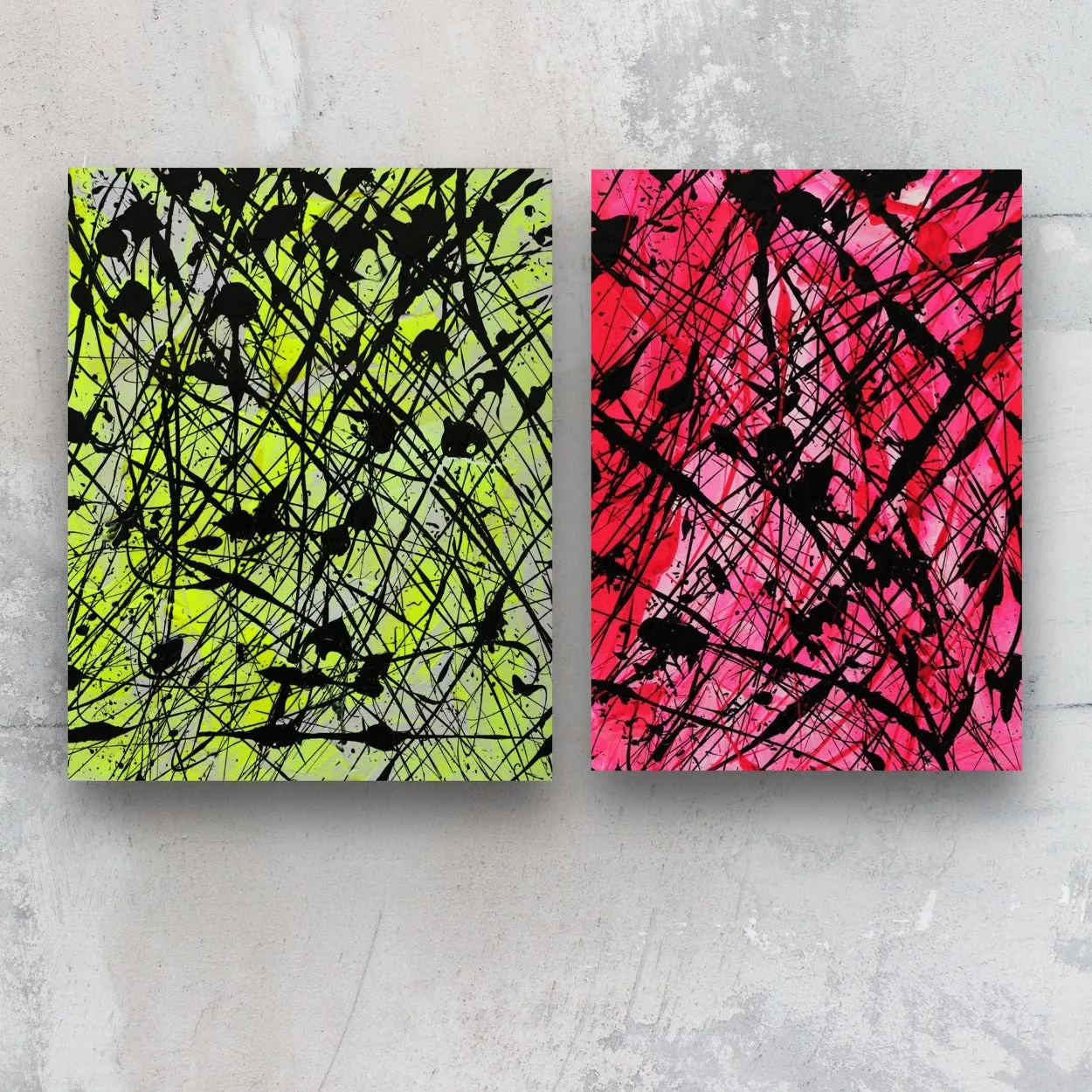 NEON I and NEON II Abstract Art 24cm x 19cm Acrylic On Paper  Art Set